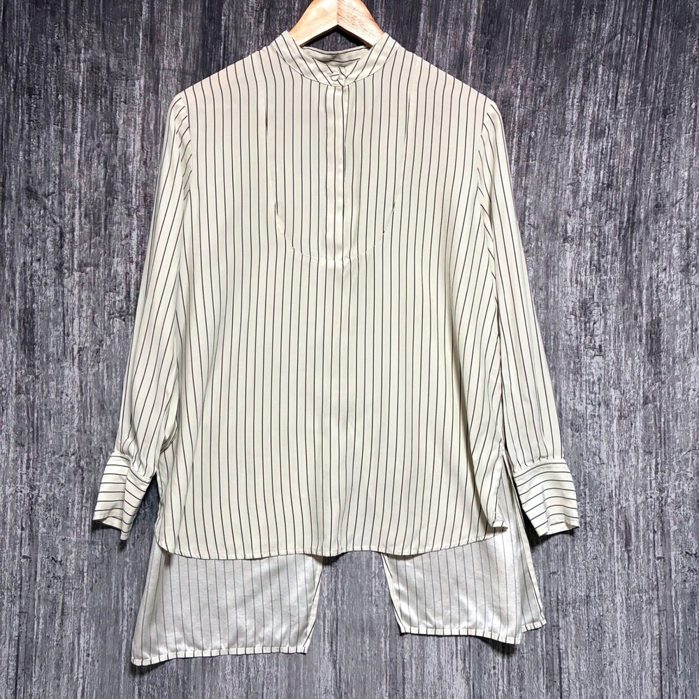 CO Collection High Low Vertical Stripe Split Back Silk Blouse Women M*HAS FLAWS*